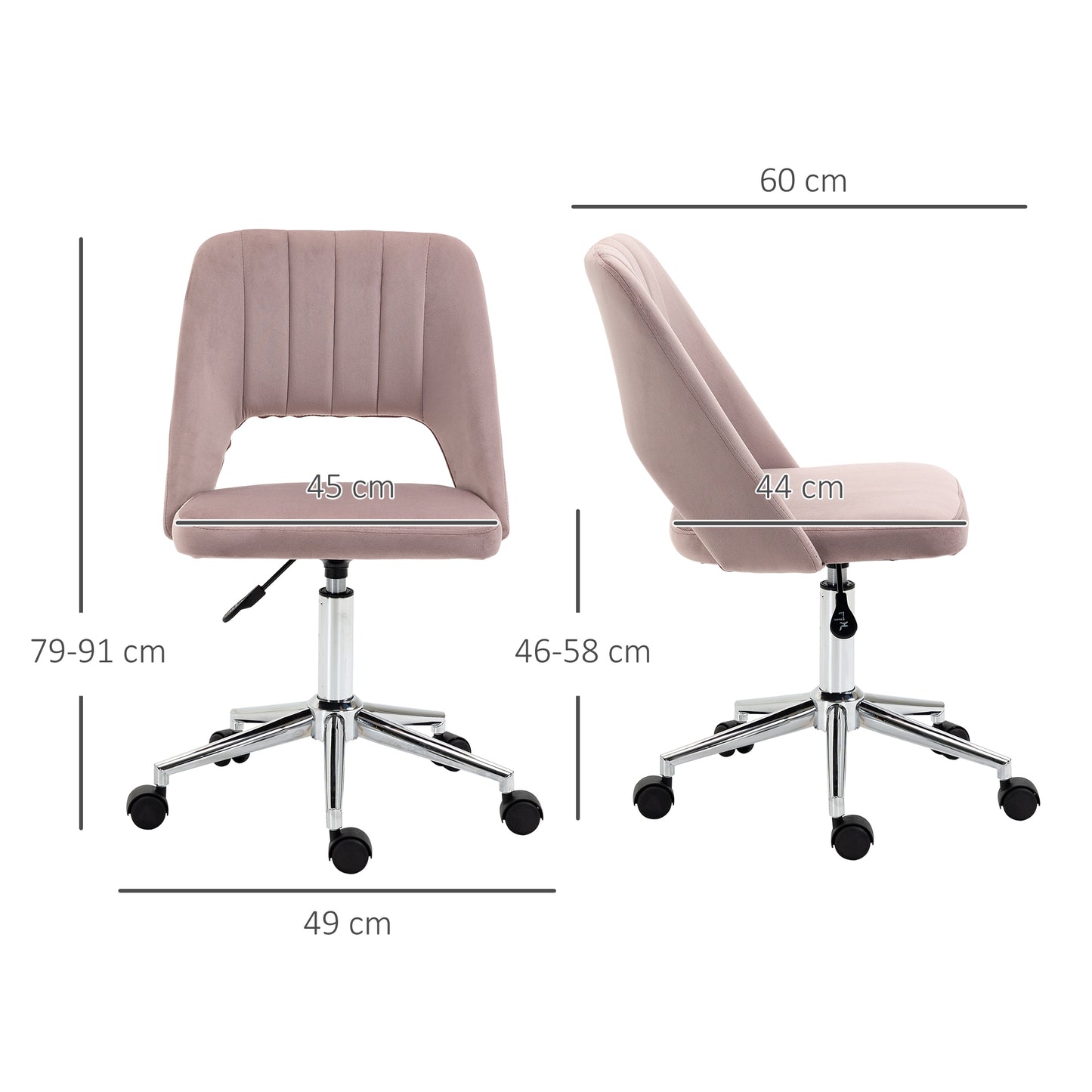 Armless Velvet-Feel Office Chair | Sponge Padded Seat & Back | 360° Swivel | 5 Wheels | Height Adjustable 46-58cm | 120kg | Bedroom Home Office Study | Pink