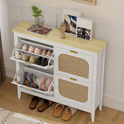 Slim Boho Shoe Cabinet | 4 Flip Drawers | Rattan Doors | Oak-Effect Top | 20 Pairs Up to UK Size 7 | Anti-Tip | 105x24x95.5cm | 50kg | White