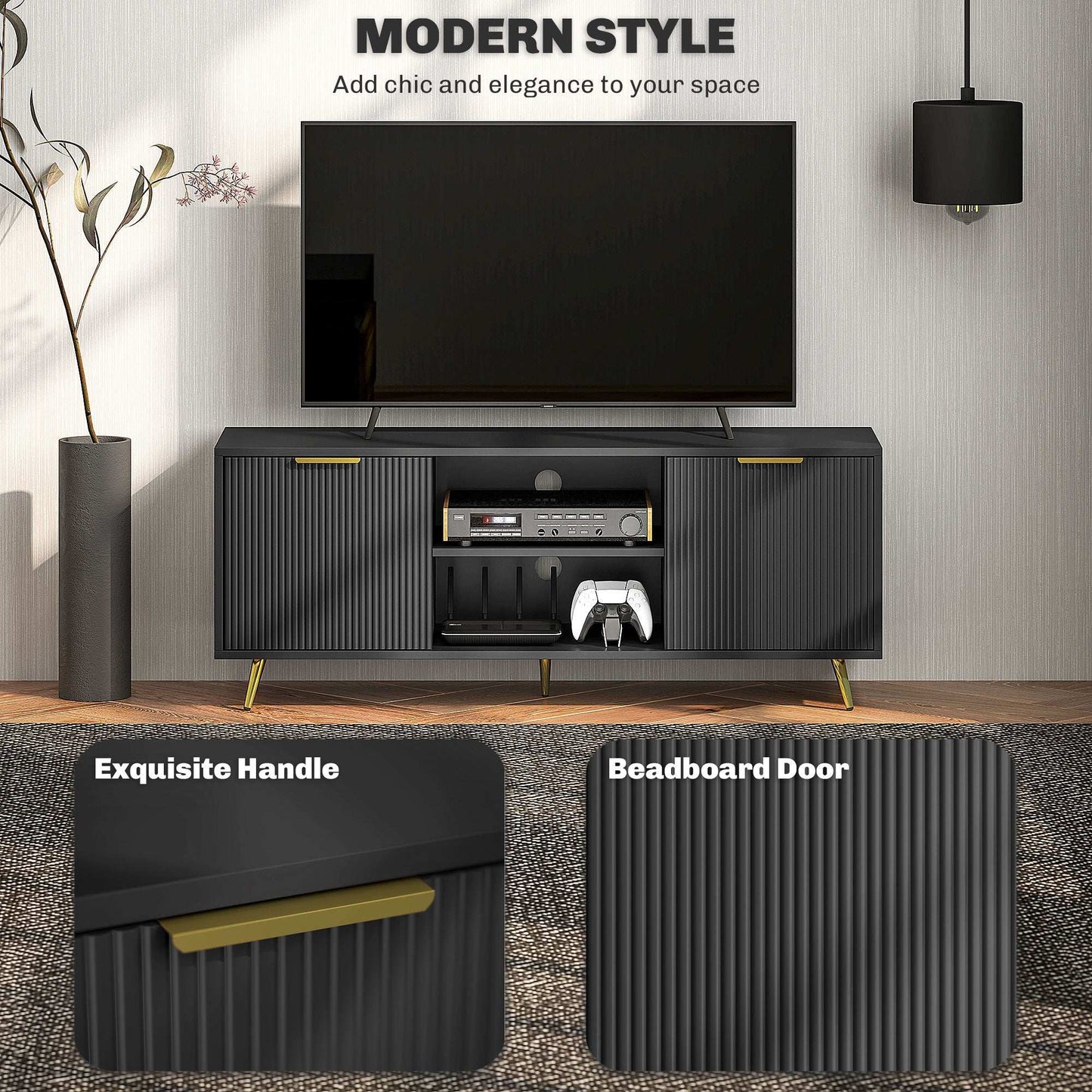 Modern TV Stand Cabinet for TVs up to 55", TV Unit with 2 Open Shelves and 2 Cabinets, w/ Cable Management for Living Room, Black