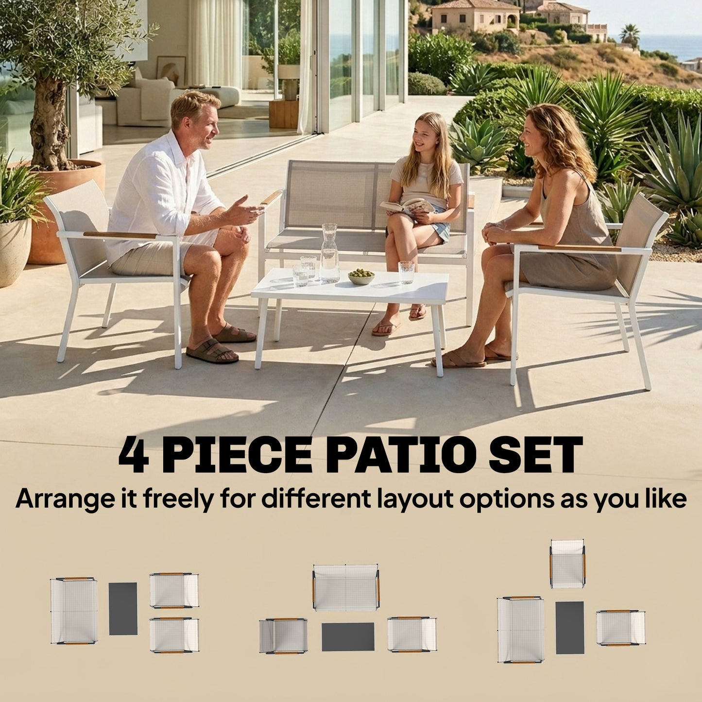 4-Piece Garden Furniture Set | Loveseat, 2 Armchairs & Table | Breathable Mesh | Khaki