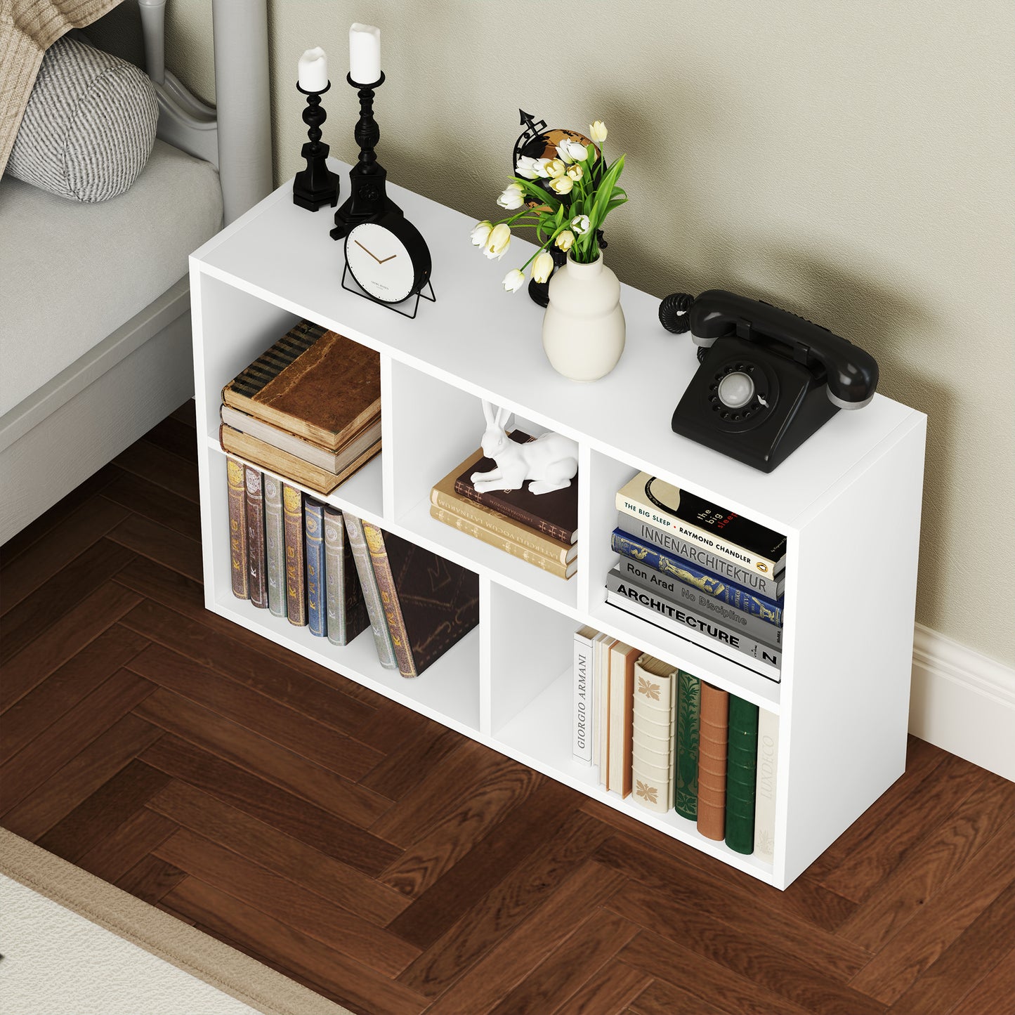 2-Tier Bookshelf with 5 Compartments - White / Black