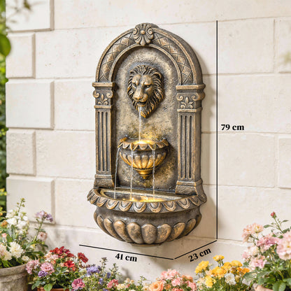Wall-Mounted 3-Tier Lion Head Resin Waterfall Fountain | Warm LED Backlighting | Hand-Painted Weathered Stone Look | 3-Speed Adjustable Pump | 5W | 230V | 3m Cable | 41x23x79cm | Patio & Garden | Rustic Brown