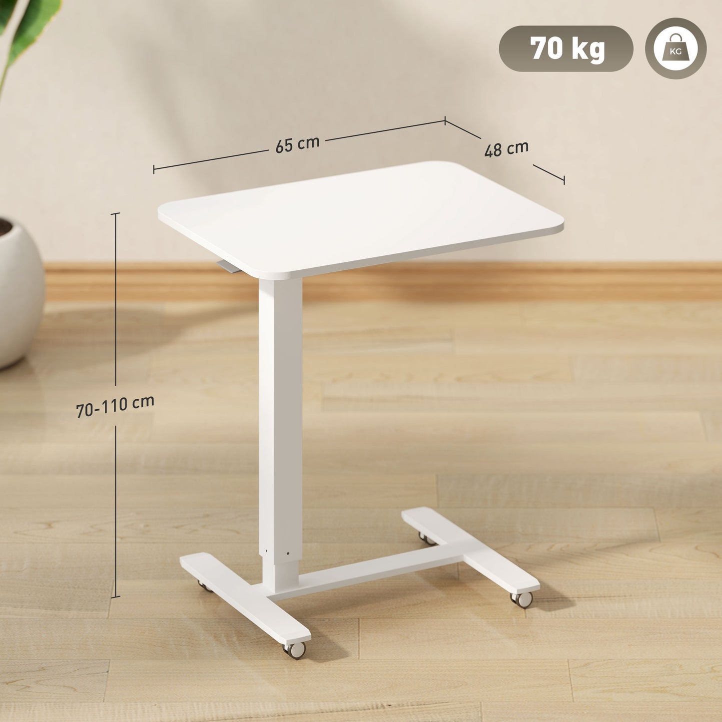 Height Adjustable Standing Desk, Pneumatic Sit Stand Desk for Laptop, Mobile Overbed Table with Wheels for Home Office, White
