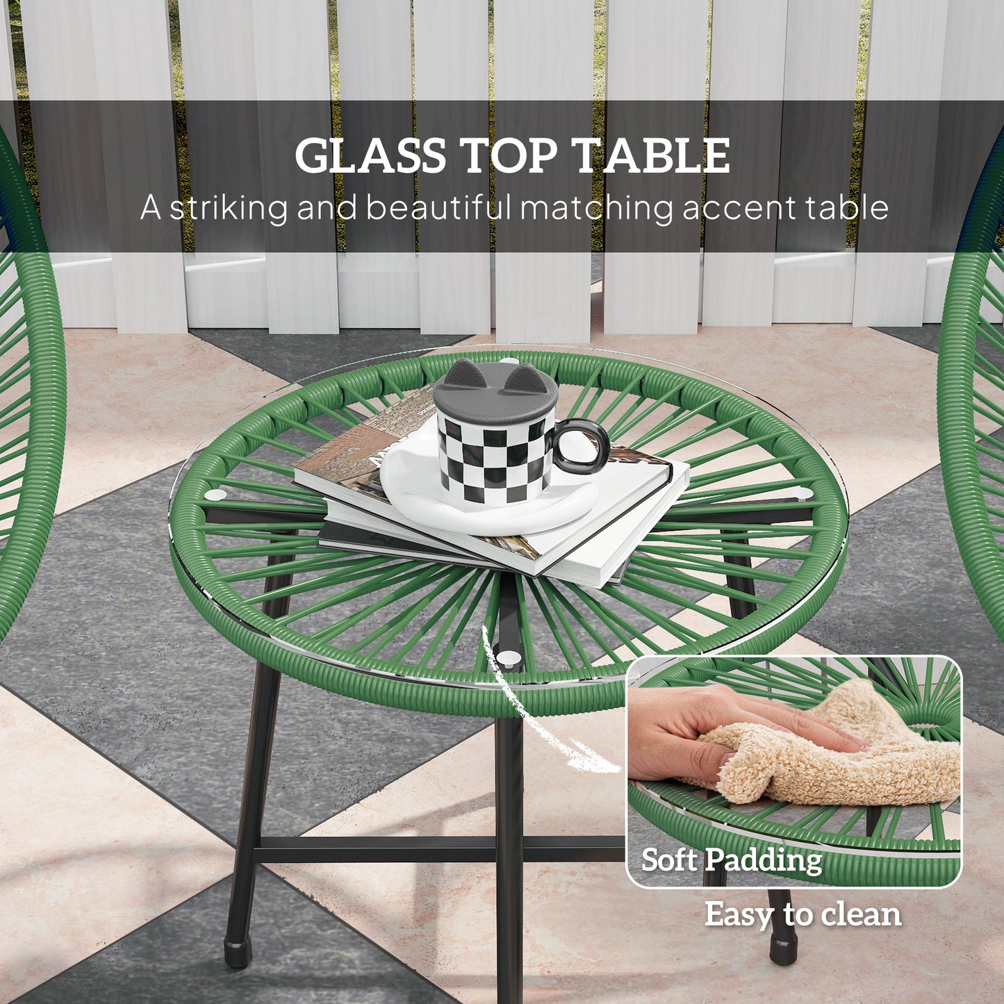 3 Piece Acapulco Style Rattan Bistro Set | 2 Oval Chairs | Tempered Glass Coffee Table | PE Rattan | Powder Coated Steel | 120kg | Green
