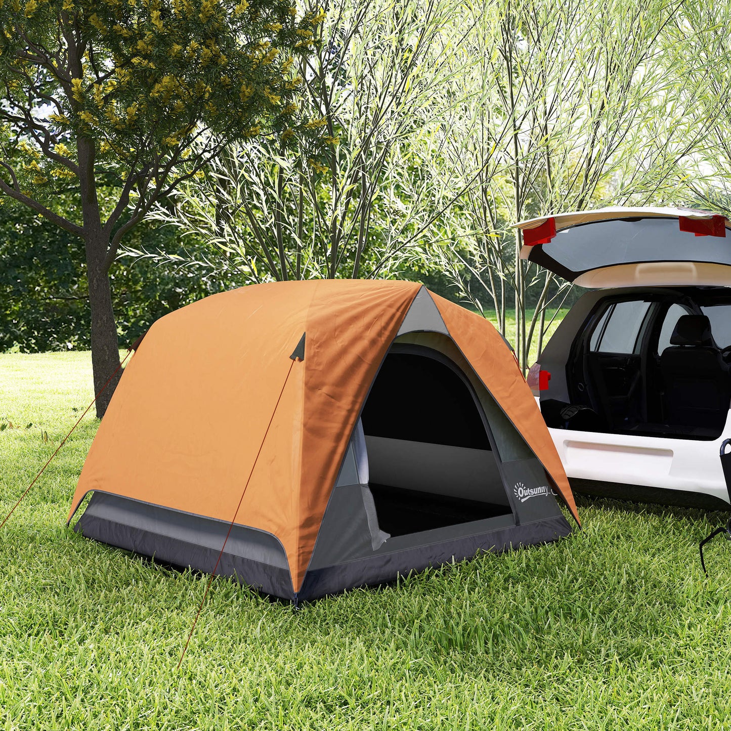 3-4 Person Camping Tent, Easy Set Up Waterproof Dome Tent with Sewn-in Groundsheet, Mesh Windows, Pocket and Hook for Camping, Orange & Grey
