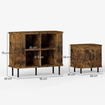 Mid-Century Sideboard & Nightstand Set | Tambour Sliding Doors | 2-Tier Storage | Steel Legs | Anti-Tip | Oak & Black | Rustic Brown