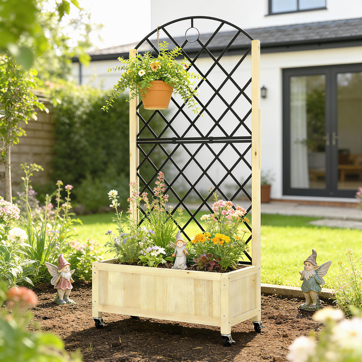 Raised Garden Bed with Metal Trellis | Wooden Elevated Planter Box | 50L Soil Capacity | 4 Wheels 2 Lockable | 30kg Max Load | 72x36x168cm | Natural Wood Finish