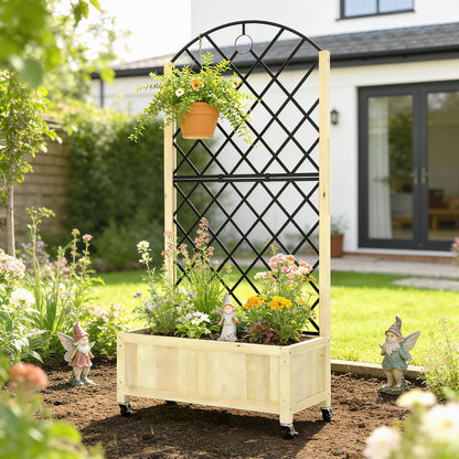 Raised Garden Bed with Metal Trellis | Wooden Elevated Planter Box | 50L Soil Capacity | 4 Wheels 2 Lockable | 30kg Max Load | 72x36x168cm | Natural Wood Finish