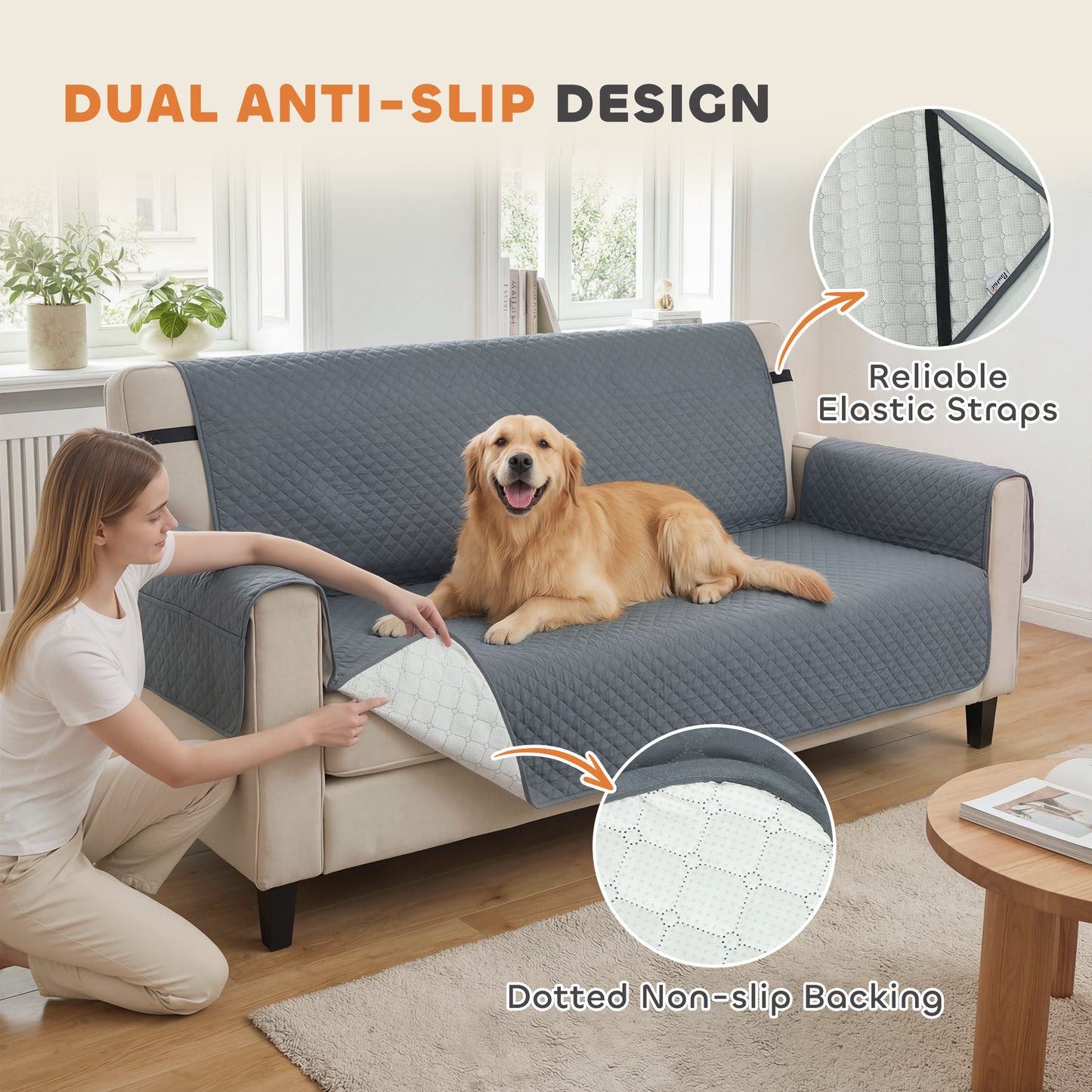 Waterproof 3-Seater Sofa Cover for Dogs, Cats & Pets | Non-Slip Backing & Elastic Straps | 2 Armrest Pockets | Machine Washable | Brushed Multi-Layer Fabric | 306x177cm | Grey