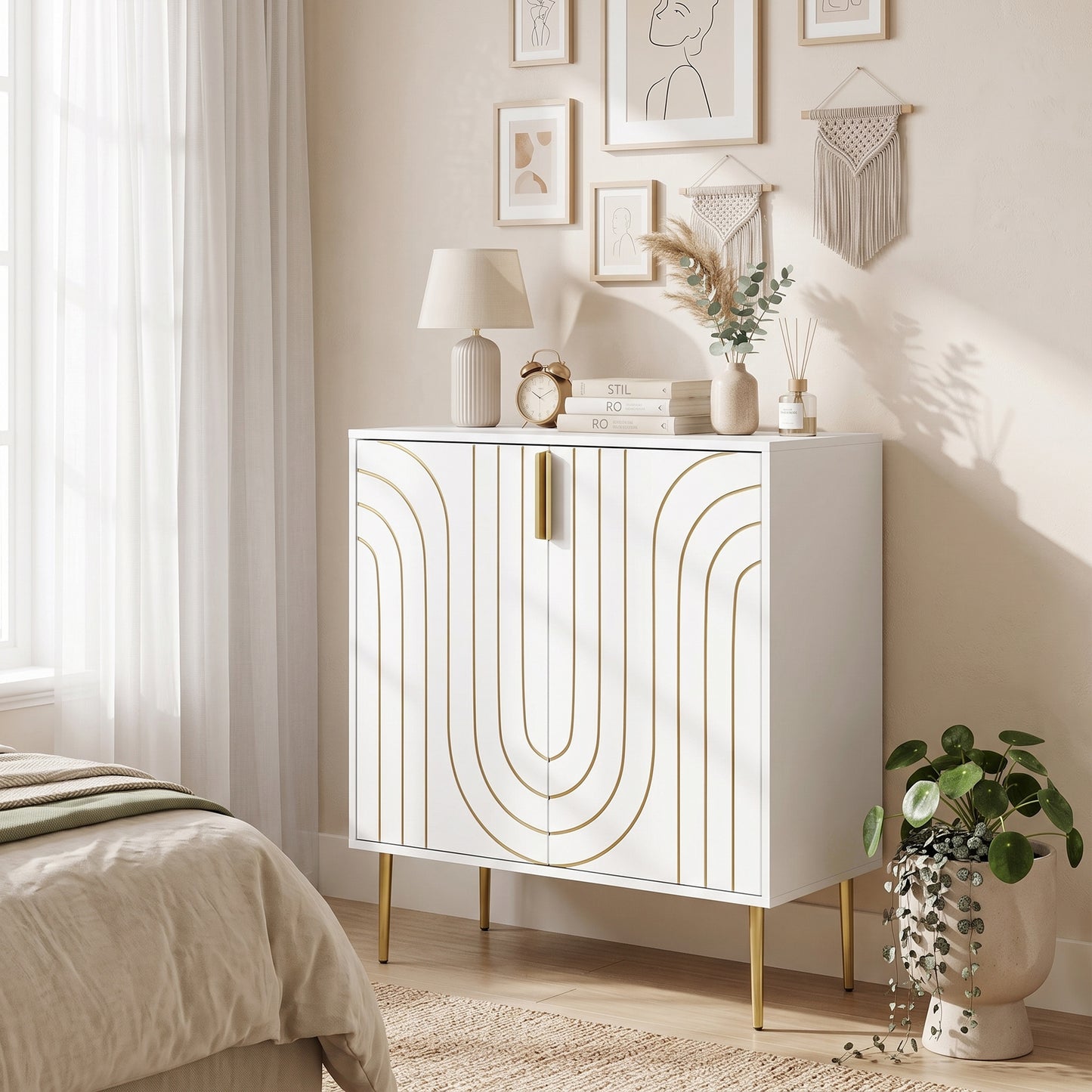 Modern Sideboard Storage Cabinet | Geometric Carved Doors | Adjustable Shelf | Copper-Tone Legs & Handles | Anti-Tip | 50kg | 78x40x88cm | White