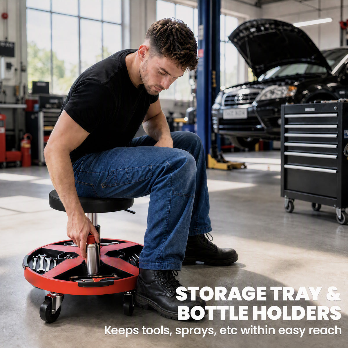 Black Rolling Mechanic Stool | 40-52 cm Adjustable Workshop Seat with 360° Swivel, Tool Tray, Bottle Holders & 135 kg Capacity