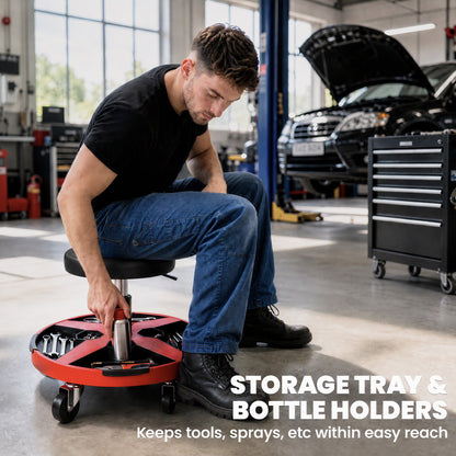 Black Rolling Mechanic Stool | 40-52 cm Adjustable Workshop Seat with 360° Swivel, Tool Tray, Bottle Holders & 135 kg Capacity