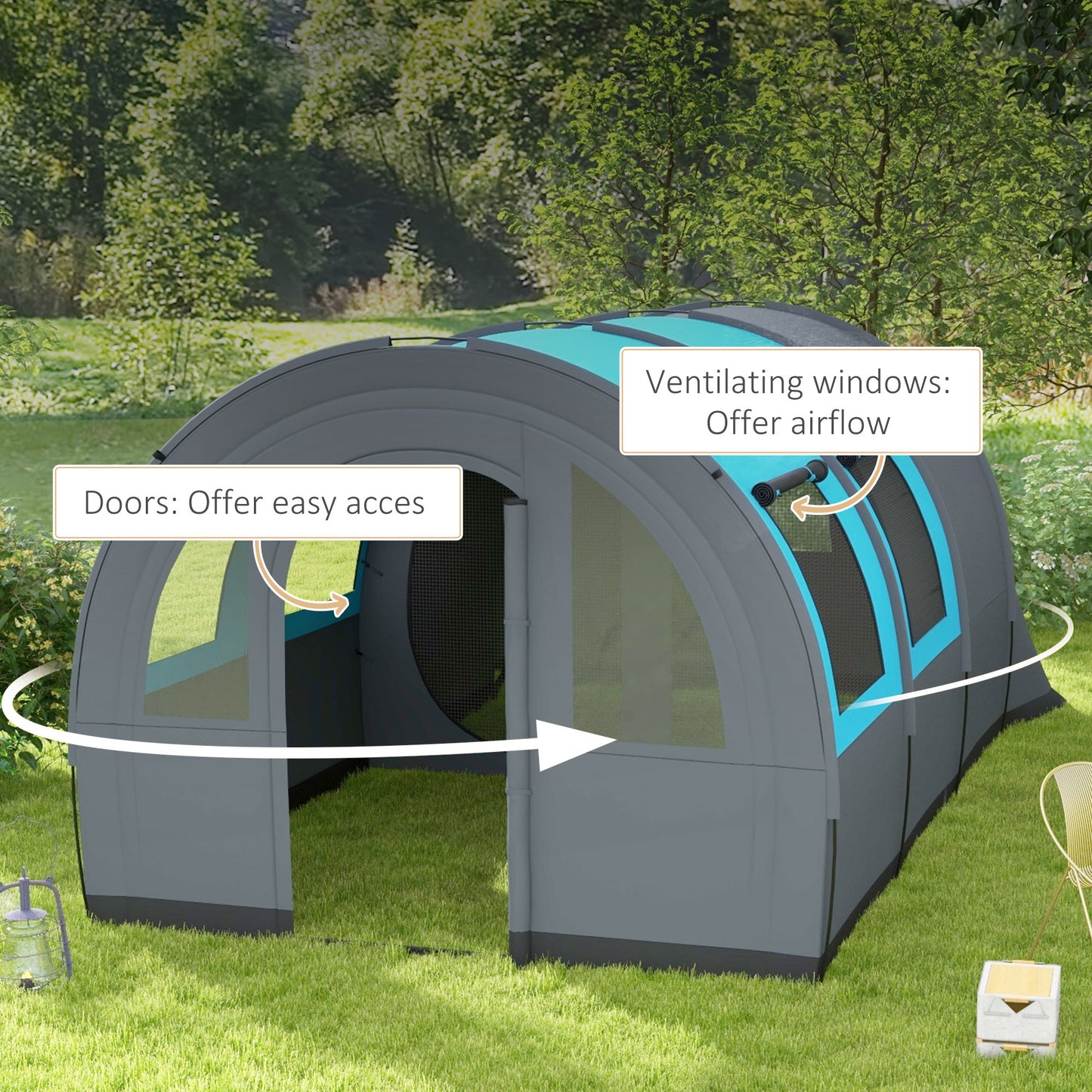 Outsunny 3000mm Waterproof Camping Tent, 5-6 Man Family Tent with Living and Bedroom, Carry Bag Included, Grey and Blue