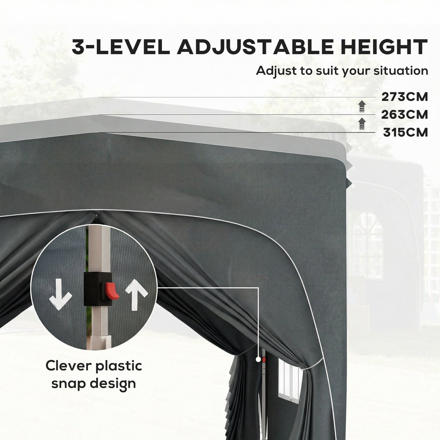 3x3m Pop Up Gazebo Shelter | UPF50+ Oxford Fabric Canopy | Dual Doors & 2 Windows | 8 Drain Holes | 3 Height Settings | Windproof Level 4-5 | Snow Rated | Guy Ropes & Ground Stakes | Carry Bag | Dark Grey
