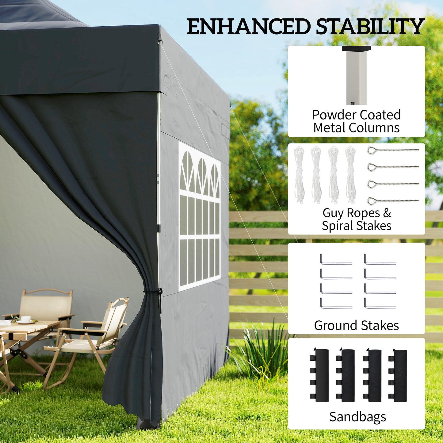 3x3m Heavy-Duty Peak-Top Pop-Up Gazebo | 420D UPF50+ Oxford Fabric | 4 Removable Sidewalls | Zipper Door & Windows | 3-Height Adjustment | 8 Drainage Holes | 4 Sandbags, 4 Guy Ropes & 8 Stakes | Wheeled Carry Bag | Dark Grey