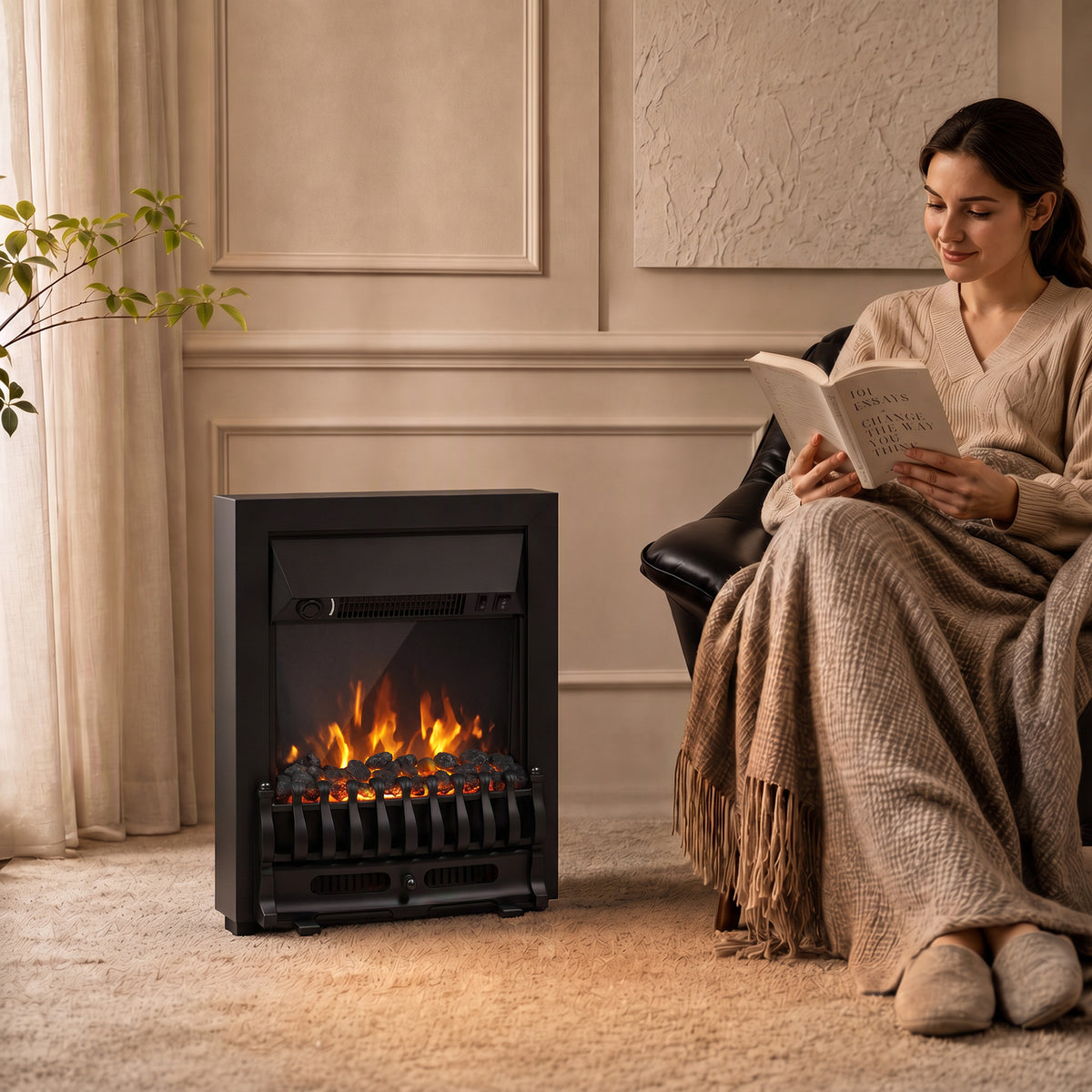 Electric Fireplace | 1000W/2000W Freestanding & Inset Fire | LED Flame & Glowing Coal Bed | Adjustable Thermostat | Matt Black