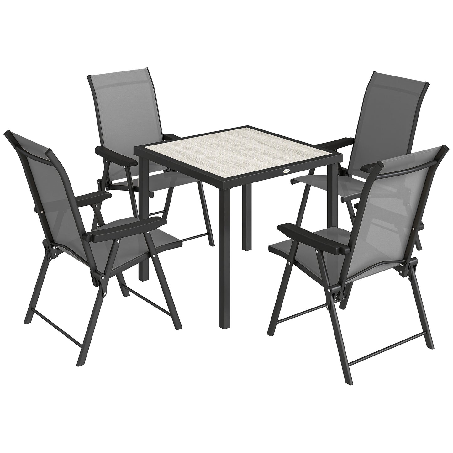 5-Piece Garden Dining Set for 4 | Folding Chairs | Faux Wood Table | Breathable Mesh | Grey