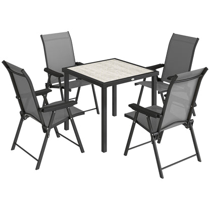 5-Piece Garden Dining Set for 4 | Folding Chairs | Faux Wood Table | Breathable Mesh | Grey