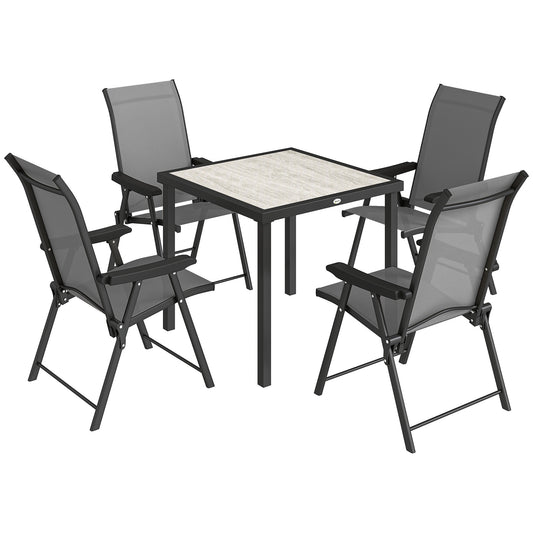 5-Piece Garden Dining Set for 4 | Folding Chairs | Faux Wood Table | Breathable Mesh | Grey