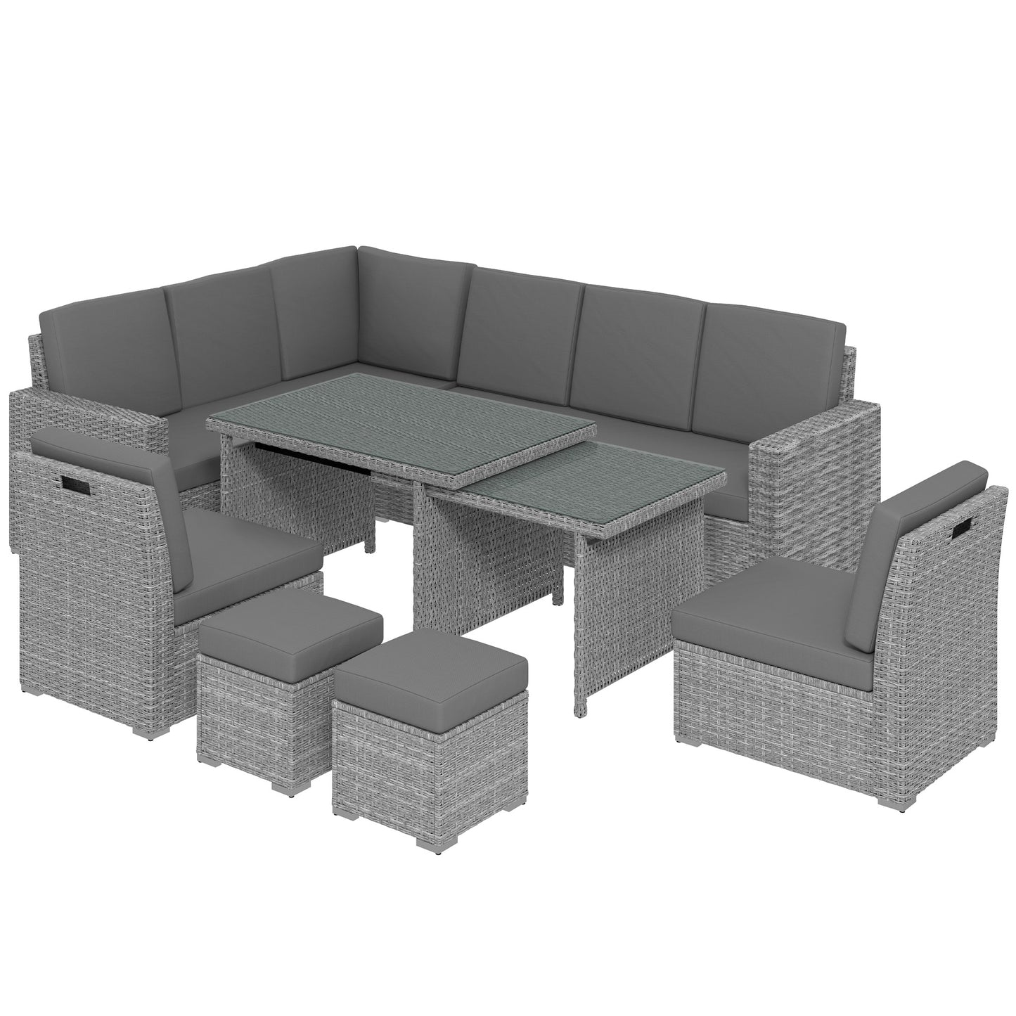 7 Piece Rattan Garden Sofa Set Seats 10 | Corner Sofa | 3 Seater Sofa | 2 Armless Chairs | Expanding Dining Table | 5mm Tempered Glass | PE Rattan & Steel Frame | Washable Cushions | Light Grey