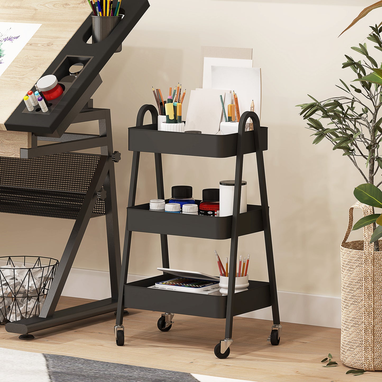 3-Tier Storage Trolley on Wheels - Black