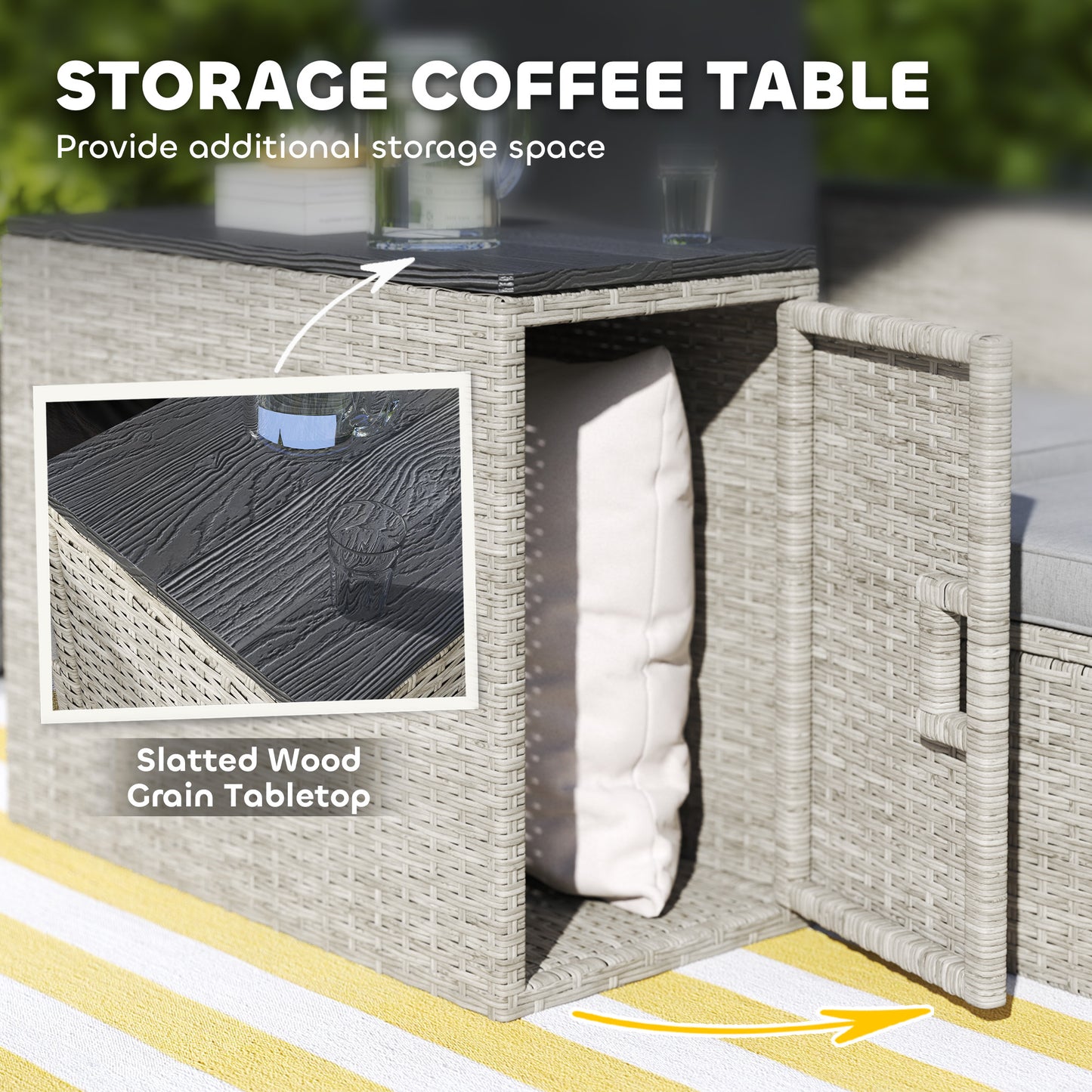 5 Piece Rattan Garden Furniture Set, Nesting Outdoor Conversation Set with 2 Footstools, WPC Storage Coffee Table and Cushions