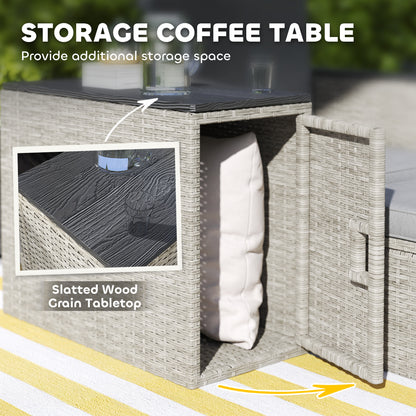 5 Piece Rattan Garden Furniture Set, Nesting Outdoor Conversation Set with 2 Footstools, WPC Storage Coffee Table and Cushions