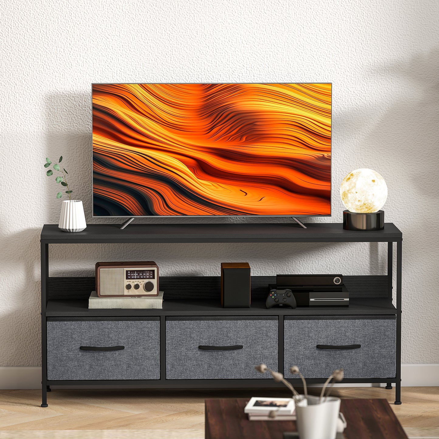 TV Stand Cabinet with 3 Foldable Drawers - Black