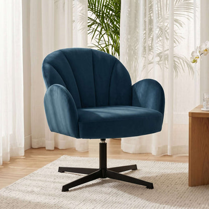 Shell-Shaped Swivel Accent Chair | 360° Swivel | 11cm Spring-Packed Seat | Velvet-Feel Fabric | Metal Base | Plastic Floor Pads | 120kg | 64.5x68x80cm | Dark Blue
