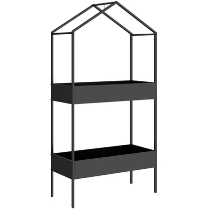 2-Tier House-Shaped Plant Stand with Top Hook | Powder-Coated Metal | 13cm Raised Edges | Adjustable Levelling Feet | 40kg per Tier | 80kg Total | 75x35x150cm | Indoor & Outdoor | Black