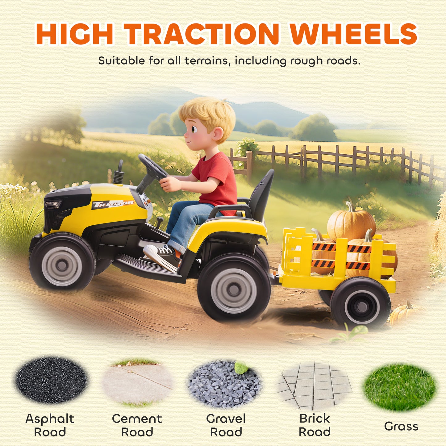 AIYAPLAY 12V Ride on Tractor and Trailer with Remote Control, Music, Shifter, Start-Up Sound, for Kids Ages 3-8 Years