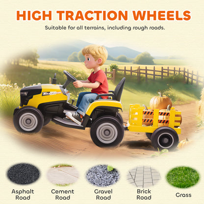 AIYAPLAY 12V Ride on Tractor and Trailer with Remote Control, Music, Shifter, Start-Up Sound, for Kids Ages 3-8 Years