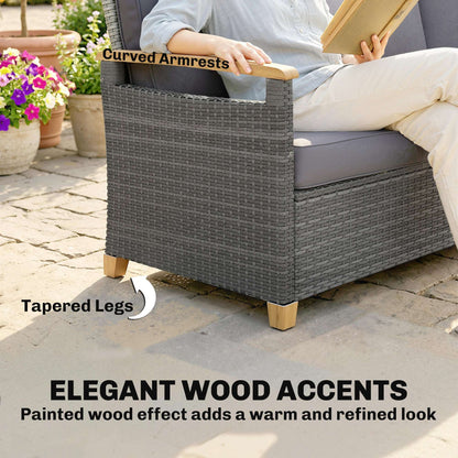 3-Seater Rattan Garden Sofa | PE Wicker | 10cm Seat Cushions | Washable Covers | Wood-Effect Arms | 360kg | All-Weather | Dark Grey