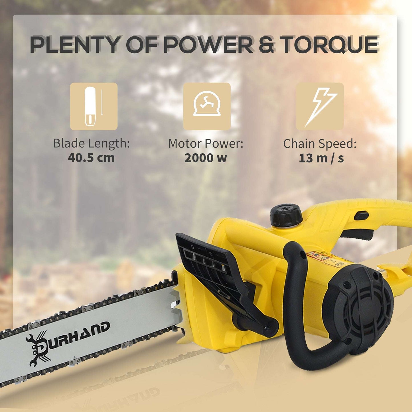 DURHAND Aluminium Chainsaw with Double Brake Protection and Blade Cover, 2000 W, 40 cm, for Wood, Trees and Branches, Yellow / Blue