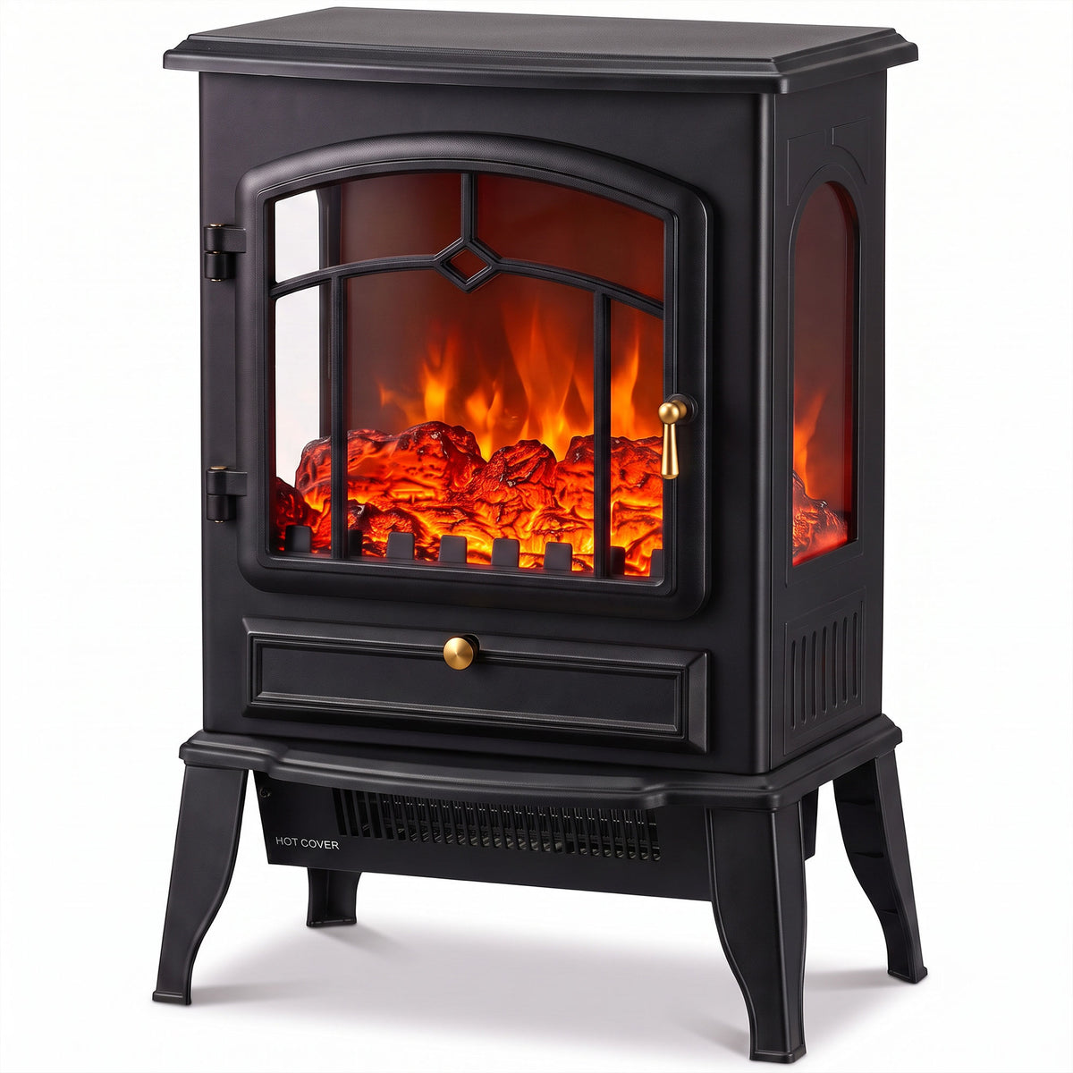 3-Sided Electric Fireplace Stove Heater | 1000/2000W Freestanding 3D Flame Effect with 10-35°C Thermostat | 15-30 m² | Brown, Grey or Black