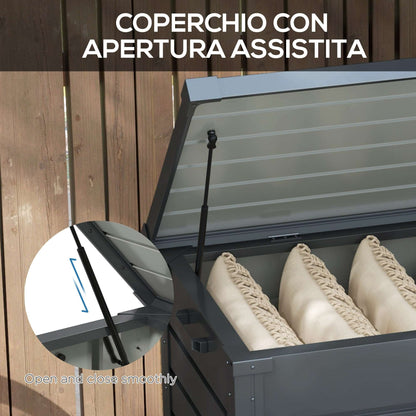 331 Litre Garden Waterproof Outdoor Storage Box With Wheels And Handles, Lockable Galvanised Steel Outside Deck Box Organiser - Dark Grey