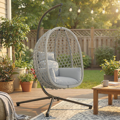 Hanging Egg Chair with Stand | PE Rattan | 15cm Cushion & Headrest | Safety Strap | Foldable Basket | 120kg | Light Grey