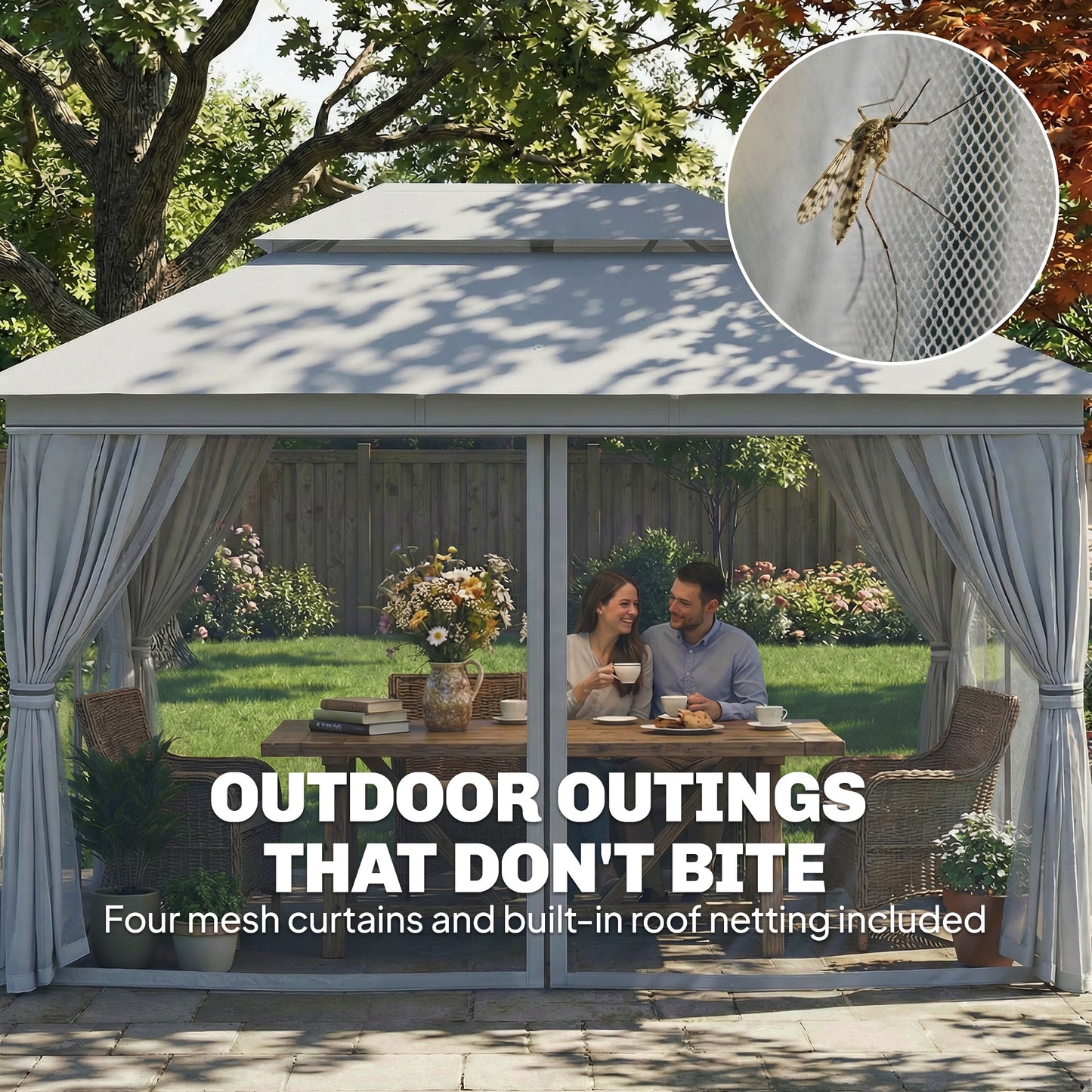 4x3m Permanent Garden Gazebo | Double-Tier UPF50+ Polyester Roof | Mesh Netting & Privacy Curtains | Drainage Holes | Powder-Coated Metal Frame | 8 Expansion Screws & 8 Ground Stakes | 4 Guy Ropes | 400x300x270cm | Dark Grey