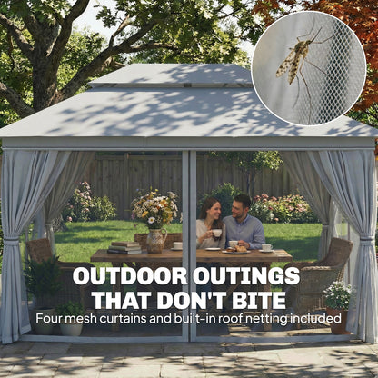 4x3m Permanent Garden Gazebo | Double-Tier UPF50+ Polyester Roof | Mesh Netting & Privacy Curtains | Drainage Holes | Powder-Coated Metal Frame | 8 Expansion Screws & 8 Ground Stakes | 4 Guy Ropes | 400x300x270cm | Dark Grey