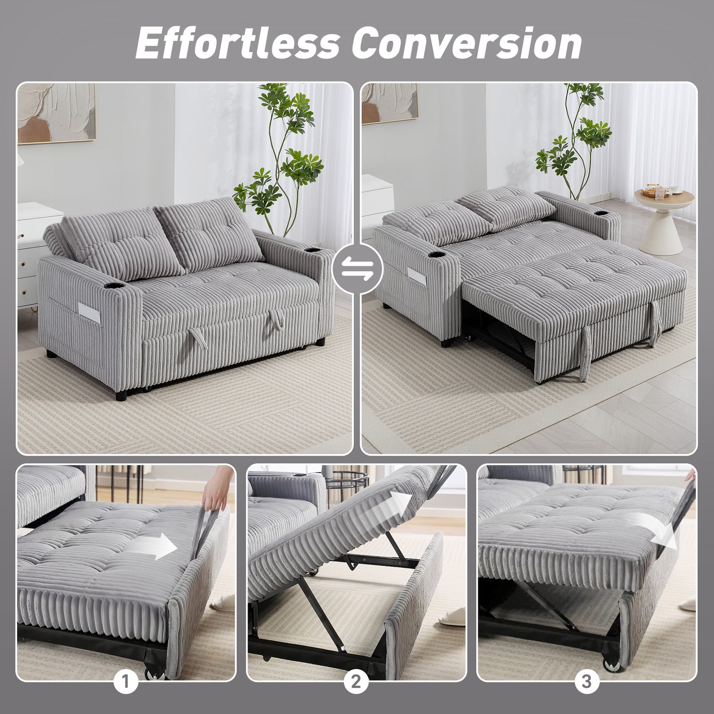 2 Seater Click Clack Sofa Bed with Pull Out Design, Corduroy Upholstery - Light Grey