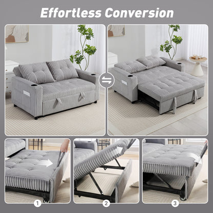 2 Seater Click Clack Sofa Bed with Pull Out Design, Corduroy Upholstery - Light Grey