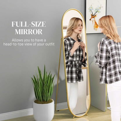40 x 160cm Full Length Mirror, Floor Standing, Wall-Mounted or Leaning Against Wall Tall Mirror with Support Frame, Oval Full Body Mirror for Bedroom, Living Room, Gold Tone