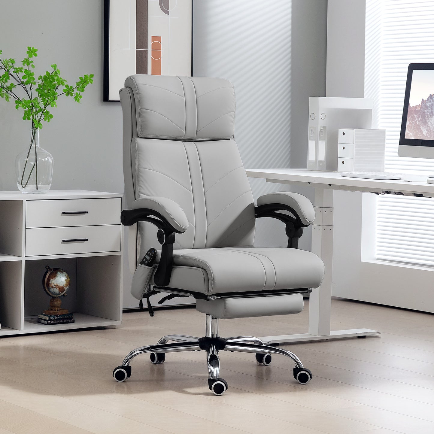Faux Leather Massage Office Chair | 4 Point Vibration | Lumbar Heat | 3 Modes & Timer | Remote | 135° Recline & Footrest | 45-53cm Seat Height | 120kg | Light Grey