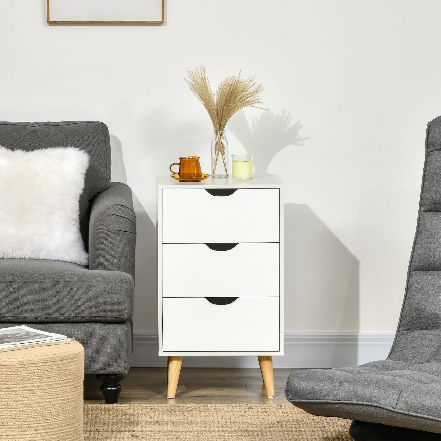 Set of 2 Bedside Tables | 3 Drawer Nightstand | Pine Legs | White