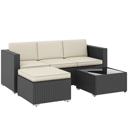 3-Piece Rattan Garden Sofa Set | 3-Seat Sofa | Ottoman | Tempered Glass Table | Zip Cushions | 360kg | Black