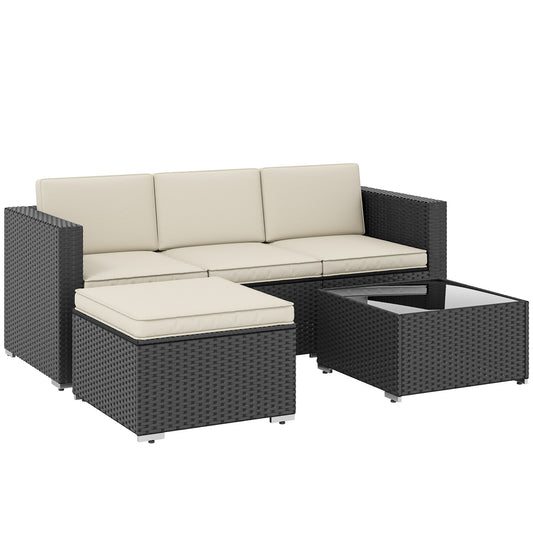 3-Piece Rattan Garden Sofa Set | 3-Seat Sofa | Ottoman | Tempered Glass Table | Zip Cushions | 360kg | Black