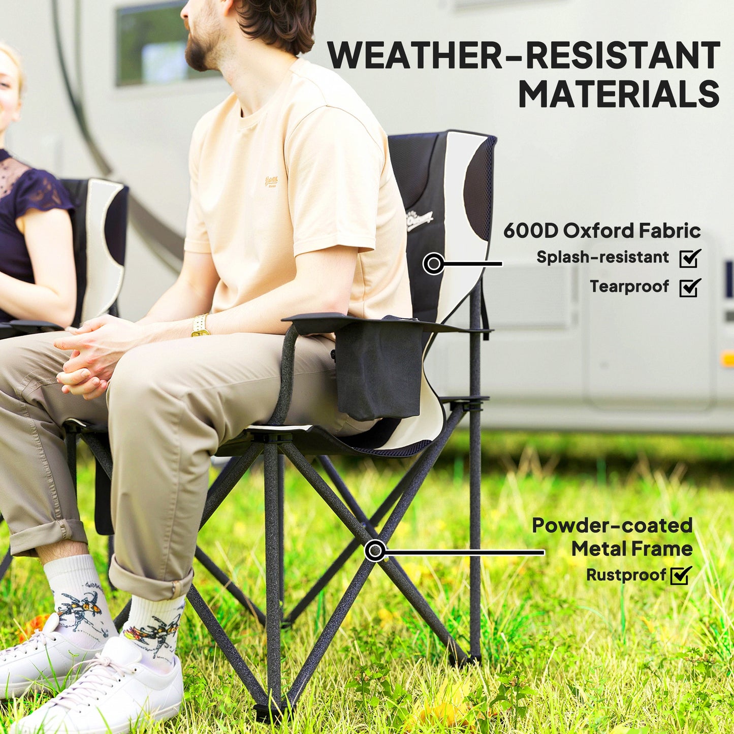 Set of 2 Folding Camping Chairs, Padded Camping Chairs with Adjustable Armrests, Portable & Lightweight Folding Camp Chair with Cooler Bag, Cup Holder and Side Pockets