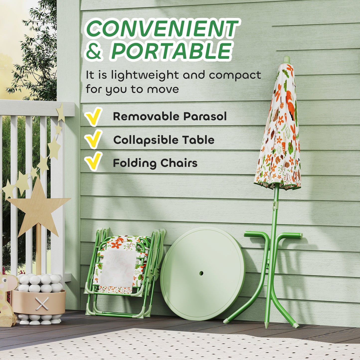 AIYAPLAY 4 Pieces Kids Garden Table and Chair Set with Adjustable Parasol, Folding Chairs, Table, Fox Pattern, Green / Pink