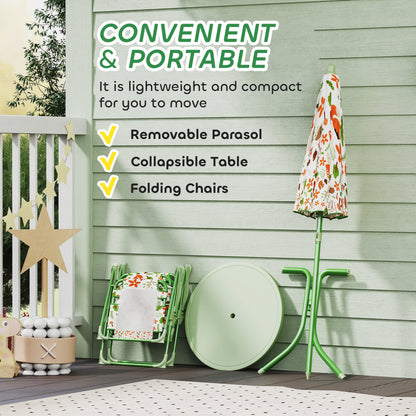 AIYAPLAY 4 Pieces Kids Garden Table and Chair Set with Adjustable Parasol, Folding Chairs, Table, Fox Pattern, Green / Pink