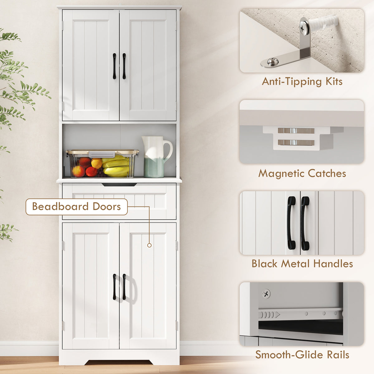 Tall Kitchen Pantry Cupboard | White MDF | 60x30x172cm | 2 Cabinets Adjustable Shelves | Open Counter Cable Hole | Drawer | Anti-Tip | Anti-Slip Feet | 45kg | Freestanding